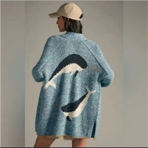 By Anthropologie Narwhal Icon Cardigan Sweater M/L Rare Blue Whale Metallic